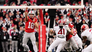 Ohio State Buckeyes quarterback Will Howard (18) throws during the NCAA football game against the Indiana Hoosiers at Ohio Stadium in Columbus on Monday, Nov. 25, 2024. Ohio State won 38-15.