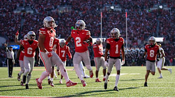 Ohio State Buckeyes safety Caleb Downs (2) celebrates an interception during the second half of the NCAA football game against the Michigan Wolverines at Ohio Stadium in Columbus on Saturday, Nov. 30, 2024. Michigan won 13-10.