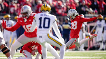 Ohio State Buckeyes place kicker Jayden Fielding (38) kicks a field goal during the NCAA football game against the Michigan Wolverines at Ohio Stadium in Columbus on Tuesday, Dec. 3, 2024. Michigan won 13-10.