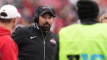 Ohio State Buckeyes head coach Ryan Day watches during the first half of the NCAA football game against the Indiana Hoosiers at Ohio Stadium in Columbus on Saturday, Nov. 23, 2024.