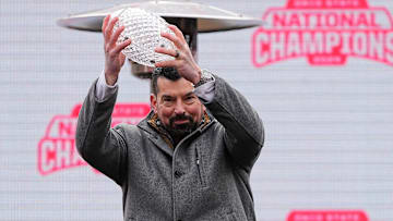 Ohio State Buckeyes head coach Ryan Day holds the AFCA Coaches' Trophy during the Ohio State Buckeyes College Football Playoff National Championship celebration at Ohio Stadium in Columbus on Jan. 26, 2025.