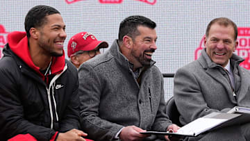 Ohio State Buckeyes linebacker Cody Simon, head coach Ryan Day and athletic director Ross Bjork laugh during the Ohio State Buckeyes College Football Playoff National Championship celebration at Ohio Stadium in Columbus on Jan. 26, 2025.