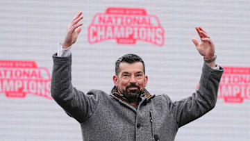 Head coach Ryan Day fires up the crowd during the Ohio State Buckeyes College Football Playoff National Championship celebration at Ohio Stadium in Columbus on Jan. 26, 2025.