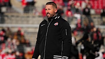 Ohio State Buckeyes co-offensive coordinator Brian Hartline watches warm ups prior to the NCAA football game against the Michigan Wolverines at Ohio Stadium in Columbus on Saturday, Nov. 30, 2024.