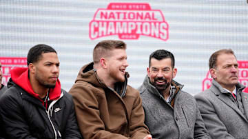Ohio State Buckeyes head coach Ryan Day laughs with defensive end Jack Sawyer during the Ohio State Buckeyes College Football Playoff National Championship celebration at Ohio Stadium in Columbus on Jan. 26, 2025.