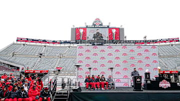 Ohio State Buckeyes head coach Ryan Day speaks during the Ohio State Buckeyes College Football Playoff National Championship celebration at Ohio Stadium in Columbus on Jan. 27, 2025.