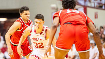Indiana's Trey Galloway (32) dribbles during the Indiana versus Ohio State men's basketball game at Simon Skjodt Assembly Hall on Saturday, March 8, 2025.