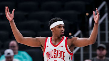 Ohio State Buckeyes guard Micah Parrish (8) reacts to a foul call Wednesday, March 12, 2025, in a first round game at the 2025 TIAA Big Ten Men’s Basketball Tournament between the Iowa Hawkeyes and the Ohio State Buckeyes at Gainbridge Fieldhouse in Indianapolis.