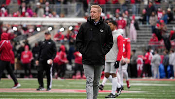 Fox Sports announcer Joel Klatt walks across the field prior to the NCAA football game between the Ohio State Buckeyes and the Indiana Hoosiers at Ohio Stadium in Columbus on Saturday, Nov. 23, 2024.