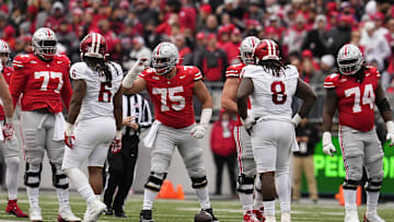 Ohio State Buckeyes offensive lineman Carson Hinzman (75) calls out a play during the second half of the NCAA football game against the Indiana Hoosiers at Ohio Stadium in Columbus on Saturday, Nov. 23, 2024. Ohio State won 38-15.