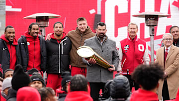 Ohio State Buckeyes head coach Ryan Day holds the College Football Playoff trophy during the Ohio State Buckeyes National Championship celebration at Ohio Stadium in Columbus on Jan. 26, 2025.