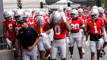 Ohio State Buckeyes head coach Ryan Day leads his team to the tunnel before the game against Grambling State Tigers at the Ohio Stadium on Saturday, Sept. 6, 2025 in Columbus, Ohio.