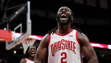Ohio State Buckeyes guard Bruce Thornton (2) reacts to a made shot and foul call during the second half of the NCAA men's basketball game against the Iowa Hawkeyes at Value City Arena on Jan. 27, 2025. Ohio State won 82-65.