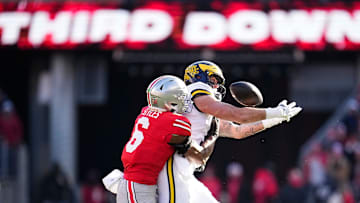 Michigan Wolverines tight end Marlin Klein (17) catches a pass in front of Ohio State Buckeyes safety Sonny Styles (6) for a first down conversion during the second half of the NCAA football game at Ohio Stadium in Columbus on Saturday, Nov. 30, 2024. Michigan won 13-10.