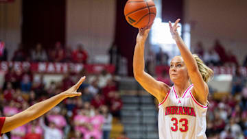 Indiana's Sydney Parrish (33) makes a three pointer during the Indiana versus Nebraska women's basketball game at Simon Skjodt Assembly Hall on Sunday, Feb. 2, 2025.