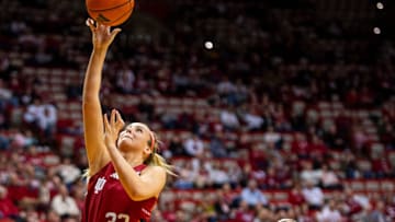 Indiana's Sydney Parrish (33) shoots in front of Rutgers' JoJo Lacey (14) during the Indiana versus Rutgers women's basketball game at Simon Skjodt Assembly Hall on Thursday, Feb. 6, 2025.