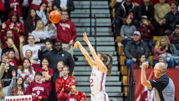 Indiana's Yarden Garzon (12) shoots a three-pointer during the Indiana versus Ohio State womens basketball game at Simon Skjodt Assembly Hall on Thursday, Feb. 20, 2025.