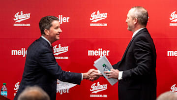 Indiana University Vice President and Director of Intercollegiate Athletics Scott Dolson introduces new men's basketball Head Coach Darian DeVries at the introductory press conference at Simon Skjodt Assembly Hall on Wednesday, March 19, 2025.