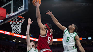 Indiana Hoosiers forward Malik Reneau (5) goes up for a shot Thursday, March 13, 2025, against the Oregon Ducks during the 2025 TIAA Big Ten Men’s Basketball Tournament at Gainbridge Fieldhouse in Indianapolis.