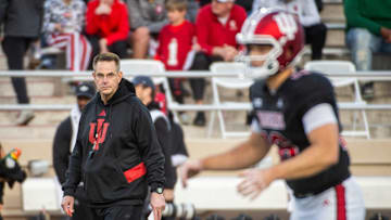 Indiana Head Coach Curt Cignetti watches as the Hoosiers get ready before the start of the Indiana football spring game at Memorial Stadium on Thursday, April 17, 2025.