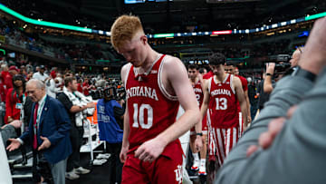 Indiana Hoosiers forward Luke Goode (10) walks off the court Thursday, March 13, 2025, after the team’s 72-59 loss to the Oregon Ducks during the 2025 TIAA Big Ten Men’s Basketball Tournament at Gainbridge Fieldhouse in Indianapolis.