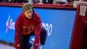 Indiana Head Coach Teri Moren talks with other coaches during the Indiana versus Rutgers women's basketball game at Simon Skjodt Assembly Hall on Thursday, Feb. 6, 2025.