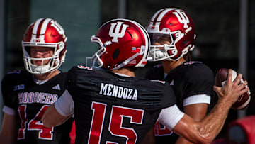 Indiana's Fernando Mendoza (15) at Indiana University football practice on Tuesday, Aug. 5, 2025.