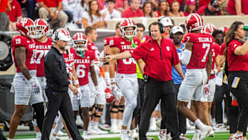 Indiana Head Coach Curt Cignetti discusses a play with E.J.. Williams (7) during the Indiana versus Michigan State football game at Memorial Stadium on Saturday, Oct. 18, 2025.
