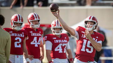 Indiana's Fernando Mendoza (15) gets ready before the start of the Indiana versus Wisconsin football game at Memorial Stadium on Saturday, Nov. 15, 2025.