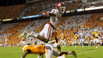 Oklahoma Sooners wide receiver Sterling Shepard (3) scores the winning touchdown in double overtime against the Tennessee Volunteers at Neyland Stadium in Knoxville. Mandatory Credit: Randy Sartin-USA TODAY Sports