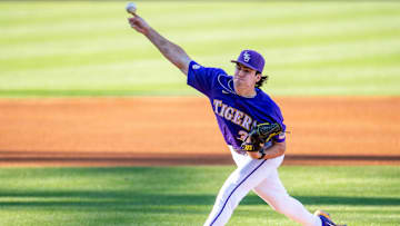 Tigers starting pitcher Luke Holman 38 on the mound as the LSU Tigers take on the Vanderbilt Commodores at Alex Box Stadium in Baton Rouge LA. Thursday, April 4, 2024.