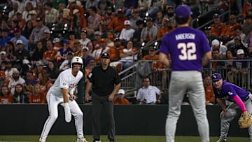 Texas Longhorns outfielder Will Gasparino (8) watches LSU pitcher Kade Anderson (32) from first during the game at UFCU Disch-Falk Field on Friday, March. 21, 2025.