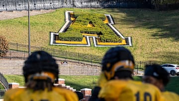 A large topiary ÒAÓ shines in the afternoon sun during the AppState Mountaineers' football practice at Appalachian State University in Boone, NC, on Wednesday, Oct. 23, 2024.