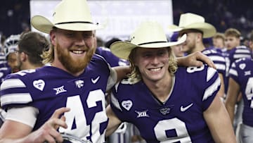 Jan 4, 2022; Houston, TX, USA; Kansas State Wildcats long snapper Randen Plattner (42) and Kansas State Wildcats punter Ty Zentner (8) celebrate winning the Texas Bowl after defeating the LSU Tigers in the 2022 Texas Bowl at NRG Stadium. Mandatory Credit: Thomas Shea-USA TODAY Sports