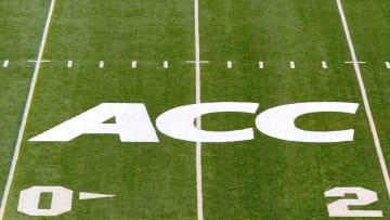 Sep 14, 2013; Syracuse, NY, USA; General view of the Atlantic Coast Conference logo on the field at the Carrier Dome prior to the game between the Wagner Seahawks and the Syracuse Orange.  Mandatory Credit: Rich Barnes-USA TODAY Sports