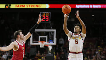 Iowa State cyclones guard Curtis Jones (5) takes a three-point shot over IU Indianapolis Jaguars guard Paul Zilinskas (0) during the first half in the NCAA men’s basketball at Hilton Coliseum on Monday, Nov. 18, 2024, in Ames, Iowa.