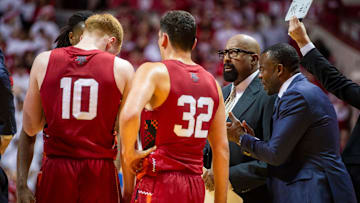 Indiana Head Coach Mike Woodson checks the scoreboard during the Indiana versus UCLA men's basketball game at Simon Skjodt Assembly Hall on Friday, Feb. 14, 2025.