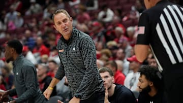 Campbell Fighting Camels head coach Kevin McGeehan yells during the first half of the NCAA men's basketball game against the Ohio State Buckeyes at Value City Arena in Columbus on Friday, Nov. 22, 2024.