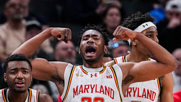 Maryland Terrapins forward Jordan Geronimo (22) and the bench cheer for their teammates Saturday, March 15, 2025, in a semifinals game at the 2025 TIAA Big Ten Men’s Basketball Tournament between the Michigan Wolverines and the Maryland Terrapins at Gainbridge Fieldhouse in Indianapolis.