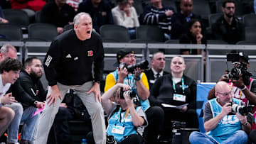 Rutgers Scarlet Knights head coach Steve Pikiell yells at his team Wednesday, March 12, 2025, in a first round game at the 2025 TIAA Big Ten Men’s Basketball Tournament between the USC Trojans and the Rutgers Scarlet Knights at Gainbridge Fieldhouse in Indianapolis. The Hawkeyes defeated the Buckeyes, 77-70.