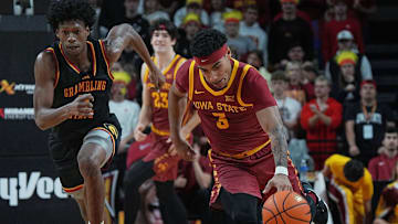 Iowa State Cyclones guard Tamin Lipsey (3) steals the ball from Grambling State Tiger forward Jimel Lane (5) during the second half on Nov. 6, 2025, at Hilton Coliseum in Ames, Iowa.