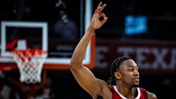 Alabama Crimson Tide forward Mouhamed Dioubate (10) celebrates scoring three points in the second half as the Texas Longhorns take on the Alabama Crimson Tide at the Moody Center, Feb. 11, 2025.