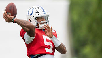 Indianapolis Colts quarterback Anthony Richardson Sr. (5) delivers a pass Monday, July 28, 2025, during training camp held at Grand Park in Westfield.