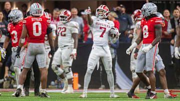 Indiana's E.J. Williams (7) celebrates a first down during the Indiana versus Ohio State Big Ten Championship football game at Lucas Oil Stadium on Saturday, Dec. 6, 2025.