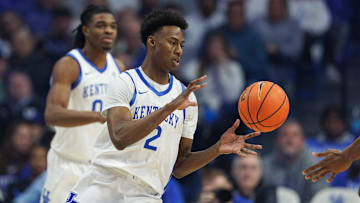 Dec 11, 2024; Lexington, Kentucky, USA; Kentucky Wildcats guard Jaxson Robinson (2) grabs a pass during the first half against the Colgate Raiders at Rupp Arena at Central Bank Center. Mandatory Credit: Jordan Prather-Imagn Images