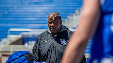 Kentucky associate head coach/tight end coach Vince Marrow worked his squad through drills during the Kentucky Wildcats' Blue White scrimmage at Kroger Field on Saturday afternoon in Lexington, Kentucky. April 13, 2024