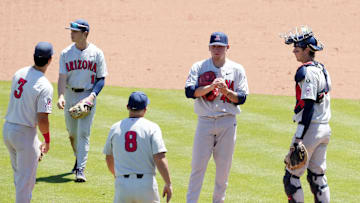 May 25, 2022; Scottsdale, Arizona, USA; Arizona Wildcats head coach Chip Hale moves pitcher Chris Barraza (46) after giving up a three-run home run to Oregon Ducks Anthony Hall in the sixth inning during the Pac-12 Baseball Tournament at Scottsdale Stadium.

Ncaa Baseball Arizona At Oregon