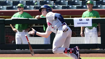 May 25, 2022; Scottsdale, Arizona, USA; Arizona Wildcats Garen Caulfield (1) hits a two-run home run against the Oregon Ducks in the second inning during the Pac-12 Baseball Tournament at Scottsdale Stadium.

Ncaa Baseball Arizona At Oregon