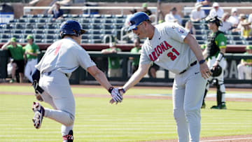 May 25, 2022; Scottsdale, Arizona, USA; Arizona Wildcats Garen Caulfield (1) heads for home after hitting a two-run home run against the Oregon Ducks in the second inning during the Pac-12 Baseball Tournament at Scottsdale Stadium.

Ncaa Baseball Arizona At Oregon