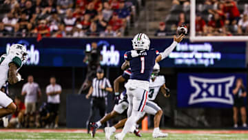 Aug 30, 2025; Tucson, Arizona, USA; Arizona Wildcats quarterback Noah Fifita (1) passes the ball during the first quarter of the game against the Hawaii Rainbow Warriors at Arizona Stadium. Mandatory Credit: Aryanna Frank-Imagn Images